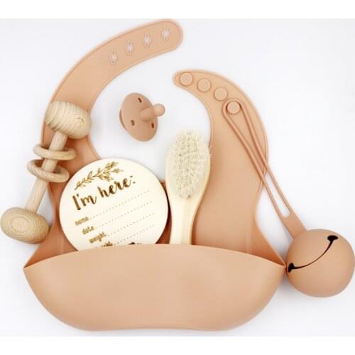 Newborn Gift Box Baby Milestones Cards Brush Rattle Baby Bib Nipple Pacifier Case Personalise Photograph
