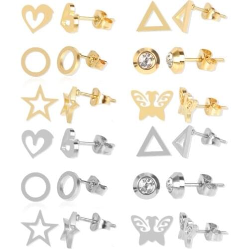 12 Pairs Stainless Steel Heart Star Moon Round Stud Earrings Women Cute Bar CZ Butterfly Stud Earrings Fashion Jewelry X4YA
