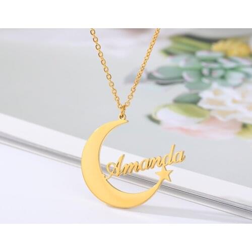 Custom Name Necklaces For Women Moon Star Charm Choker Personalized Crescent Pendant Nameplate Statement Necklaces Jewelry