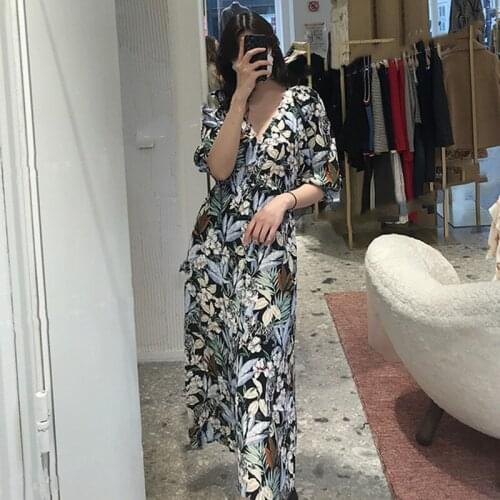Summer French V-Neck Women Slim Sexy Floral Print Long Dress High Version Female Casual Dresses Ladies Brand Designed Dress M170