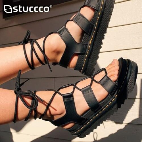 Women Lace-up Sandal Platform Genuine Leather 2021 Summer New Fashion Thick-soled Trifle Roman Shoes Flat Beach Shoes Women