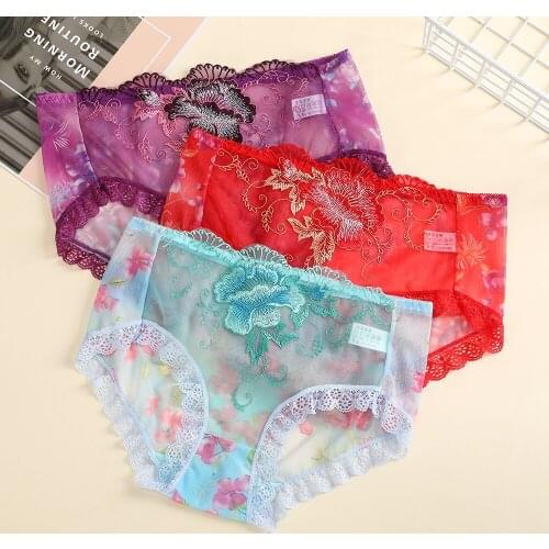 Sexy Lace Womens Panties Floral Printed Underwear Female Transparent Breathable Low-Waist Briefs Chic Female Lingerie 2021