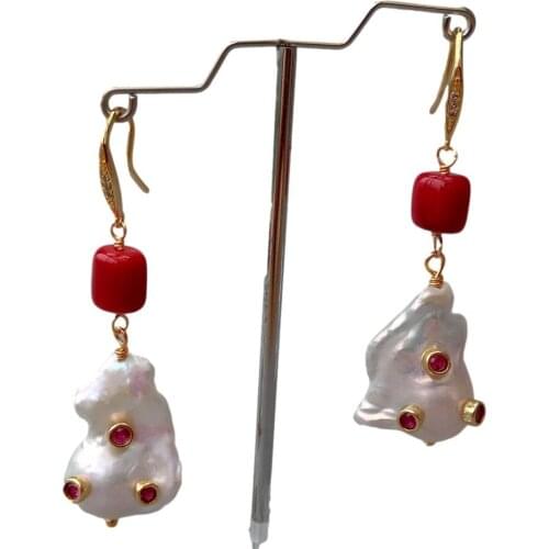 YYGEM Natural Freshwater Cultured White Keshi Pearl Red Coral Dangle CZ Pave Hook Earrings