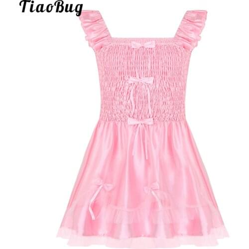 TiaoBug Men Adult Sleeveless Ruffled Bodice With Ribbon Bows Stretchy Satin Sissy Dress Adult Baby Cross Dresser Costume Clothes