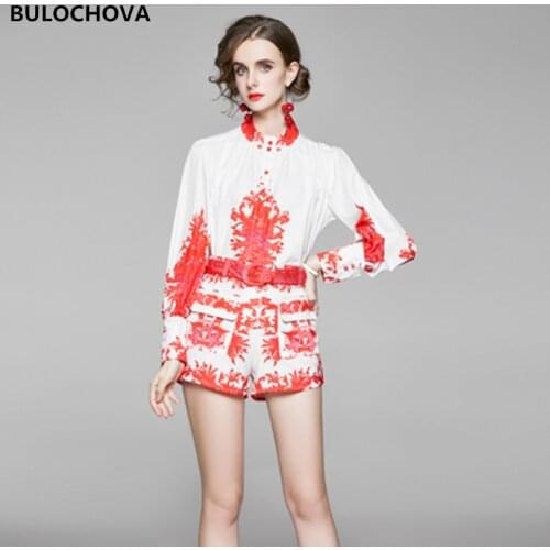 High Quality Print Womens Pants Suit 2020 Newest Autumn Fashion Lantern Sleeve Shirt Tops + Short Pant 2 Pieces Sets Female 2XL
