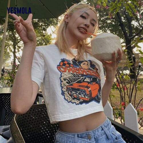 YESMOLA High Waist Exposed Navel Women T-shirts 2021 Summer Harajuku Automobile Print Streetwear Crop Tops Y2k Student Slim Top