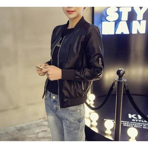 Punk Autumn Winter Women Slim Fit Outerwear Zipper Round Collar O Neck PU Leather Baseball Style Jacket Short Black Coat