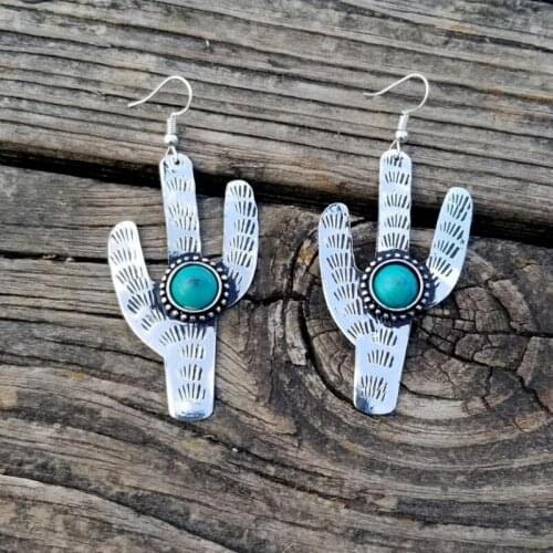 2021 Wholesale Retro Cactus Pendant Jewelry Ethnic Turquoises Earrings for Women Vintage Stone Statement Earring Brincos