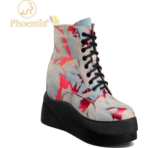 Phoentin Colorful wedge heels winter boots For Women High Heels Platform zip shoes Cow Leather round toe Ankle boot FT1192