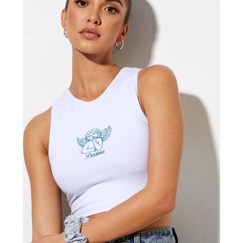 Women Fashion Sleeveless Angel Embroidery Tops Ladies Female Stylish Tops for Daily Wear