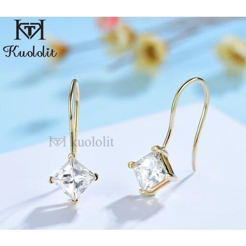 Kuololit 18K 14K 10K Moissanite Yellow Gold Hoop Earrings for Women Princess Cut D VVS Solitaire Earrings for Party Anniversary