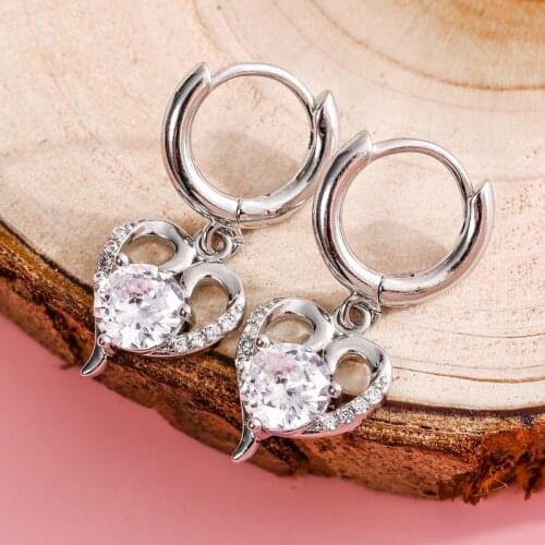 2021 New Three Styles White/Blue/Pink Zircon Heart Dangle Earrings For Women Fashion Silver Color Female Drop Jewelry Party Gift