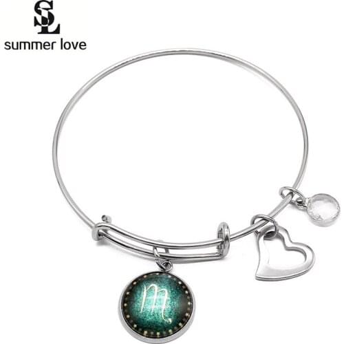 12 Zodiac Bracelet Stainless Steel Women Men Expandable Wire Bangle Zodiac Sign Charm Heart Jewelry