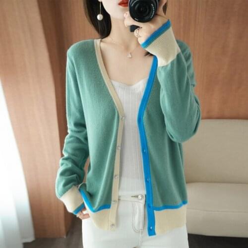 Autumn new ladies knitted cardigan v-neck 100% wool sweater long-sleeved color matching winter warm jacket sweater Regular
