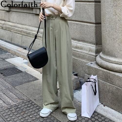 Colorfaith New 2021 Womens Spring Summer Women Pants Wide Leg Elastic Waist Oversize Office Lady Ankle-Length Trousers P6949