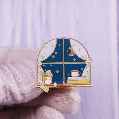 Window Starry Moon Night Sky Enamel Pin Plant Book Coffee Brooch Gold Badge Fashion Jewelry Gift