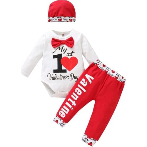 3Pcs Baby Valentines Outfits Letter Print Long Sleeves Romper + Heart Print Pants + Hat Set for Infant Boys Girls 0-12 Months