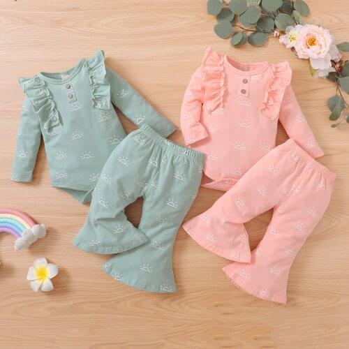 Baby Girls Clothes Set Ruffles Long Sleeve Sun Printed Bodysuit Tops+Flare Pants Toddler Baby Clothes Autumn Outfit 2022