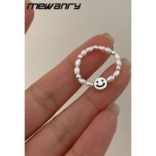 Mewanry 925 Sterling SilverSmiley Pearl Elastic Rings for Women INS Simple Fashion Personality Party Jewelry Gifts Wholesale