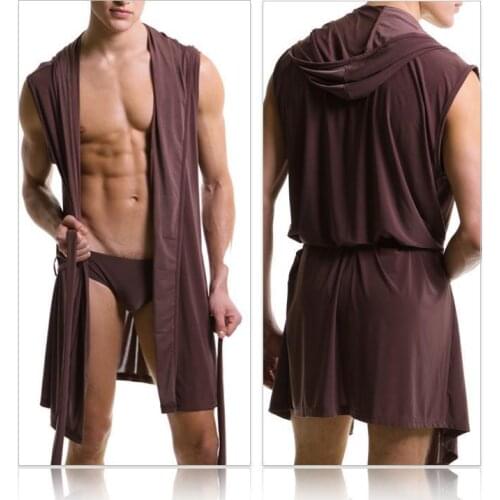 Mens robes comfortable casual bathrobes sleeveless Viscose sexy Hooded robe homewear mens sexy sleepwear lounge clothes