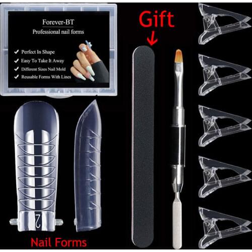 Dual Nail Forms Set 120Pcs Stiletto Gel Nail Mold Dual System with Dual-Ended Brush and 5Pcs Nail Tips Clip for Acrylic Nails
