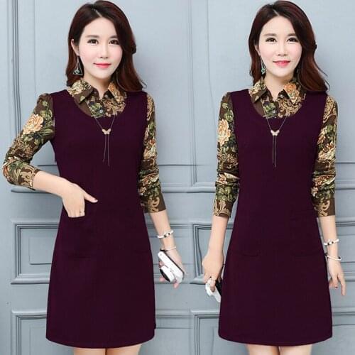 Women New shirt Sleeve Spliced printing Dress Standard Collar Fake Two Pieces Dress Vintage Retro Spring autumn Dress