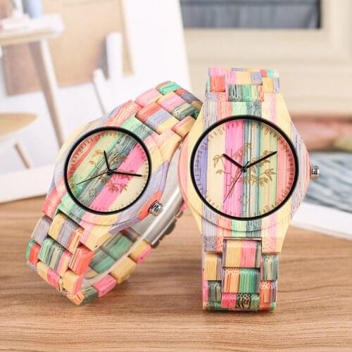 New Fashion Carving Plant Bamboo Pattern Wooden Watch Colorful Full Wooden Bangle Clock Male Quartz Watches Gifts for Men Women