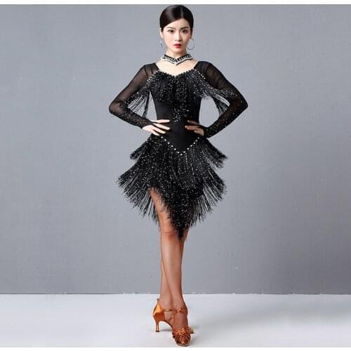 2020 Women Dance Wear Ballroom Dress Samba Costume Party Dresses Sheer Mesh Stretchy Fringes Latin Dress (with Necklace)