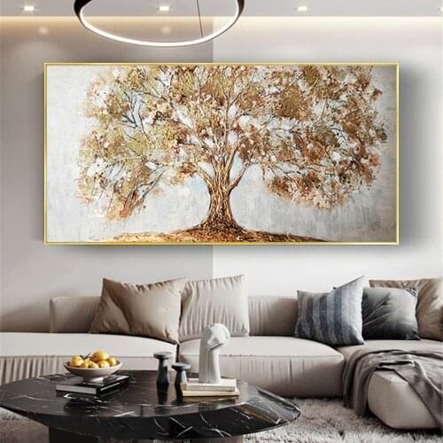 Handmade Modern Abstract Landscape Oil Paintings On Canvas Wall Art Golden Tree Pictures For Living Room Christmas Home Decor