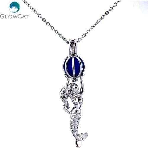 K213 Silver Locket Necklace Mermaid Ocean Bead Cage Mini Locket Stainless Chain Aroma Essential Oil Diffuser Locket