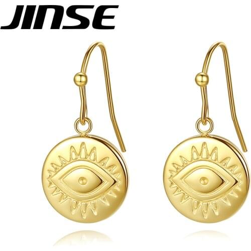 JINSE New Boho Stainless Steel Eye Symbol Hoop Earrings for Women Fashion Jewelry Gold Metal Ear Fish Hook Brincos Hip Hop Gifts