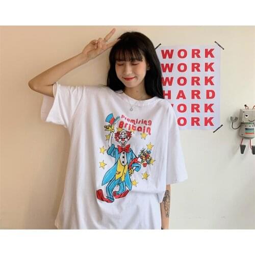 Clown Letter Print Loose T-shirt Womens T-shirts Tops Japanese Kawaii Ladies Ulzzang Female Korean Harajuku Clothes For Women
