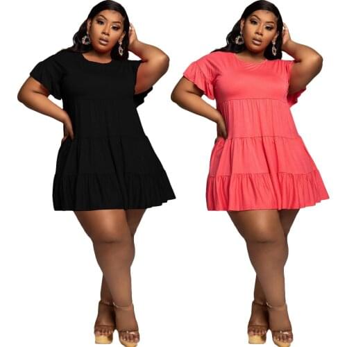 Fat Woman 5XL Big Size Short Sleeve Dress Womens Casual Miniskirt Flounces Round Collar Loose Dress Short Dress 2021 Summer New