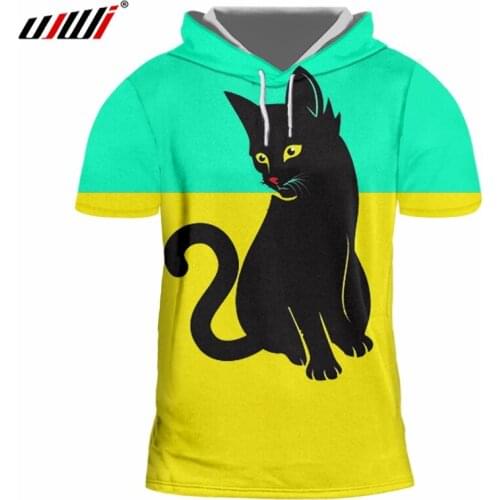 UJWI Man New Lovely Animal Short Sleeve Tshirt 3D Printed Cat Best Selling Green Yellow Stitching Wholesale Mens Hooded Tshirt