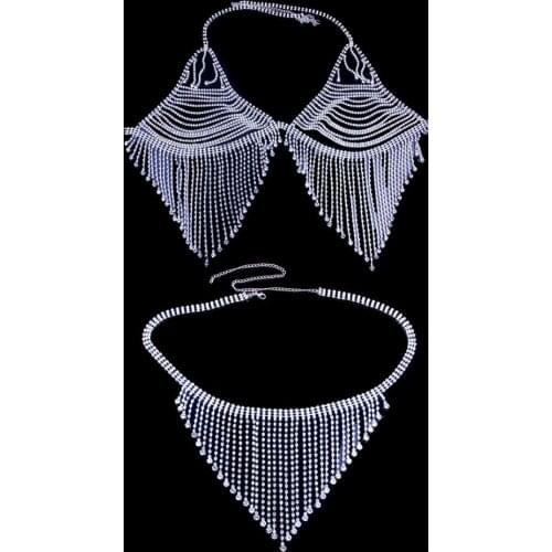 INS Sexy Bikini Rhinestone Tassel Body Chain Bra And Thong For Women Luxury Crystal Water Drop Panty Set Body Jewelry Lingerie