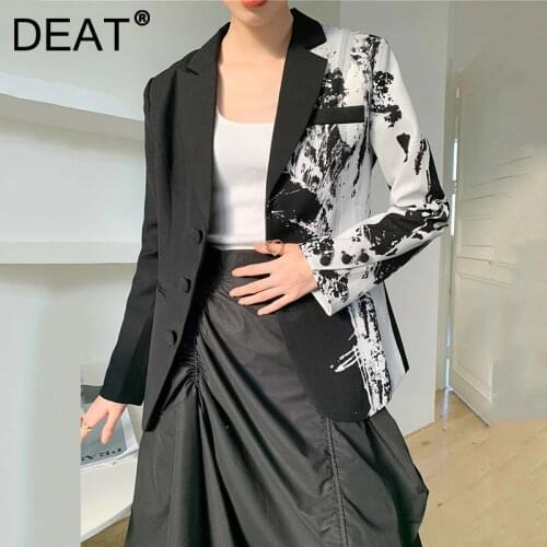 DEAT Woman Blazer Black Hit Color Graffiti Print Notched Collar Long Sleeve Single Breasted Jacket Casual 2021 Autumn 15XF744