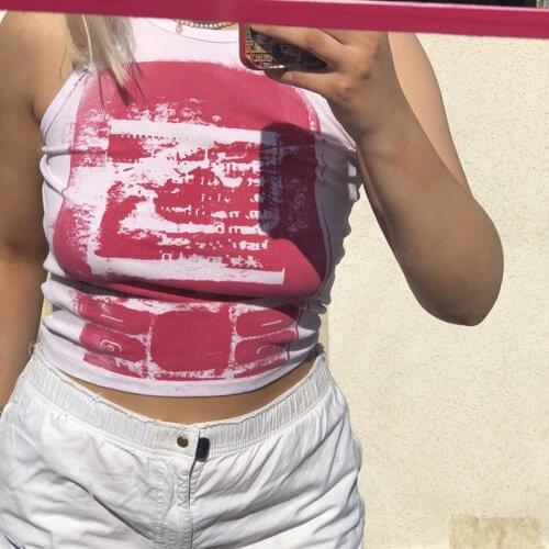 Y2K Women Crop Top Vintage Colored Print Sleeveless Tank Top Harajuku Ribbed Tight Printing Crop Tops O-neck Skinny White