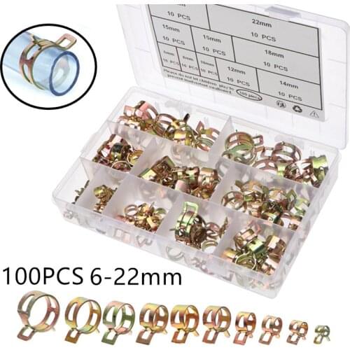 100Pcs 6-22mm Spring Clip Fuel Line Hose Water Pipe Air Tube Clamps Fastener Assortment Kit