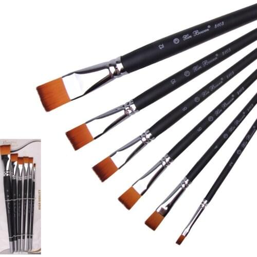 6 pcs Dual-color Nylon Wood short rod Electroplated Copper Pipe flat head row pen paint Watercolor Propylene Brush painting set