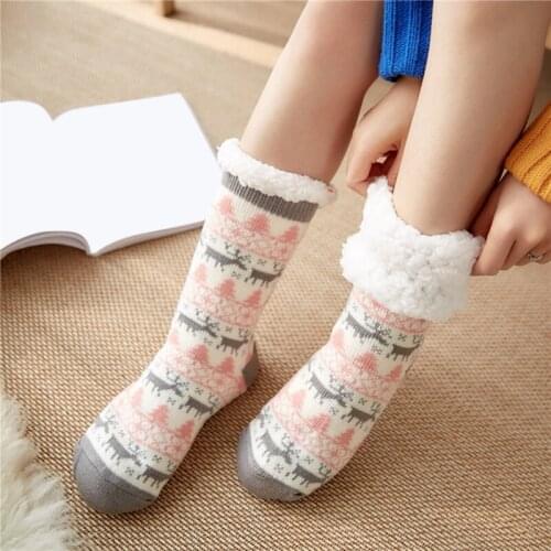 7 Style Elk Print Plush Women Floor Socks Christmas Plus Velvet Autumn Winter Long Socks Sleepwear Female Non-Slip Thermal Socks