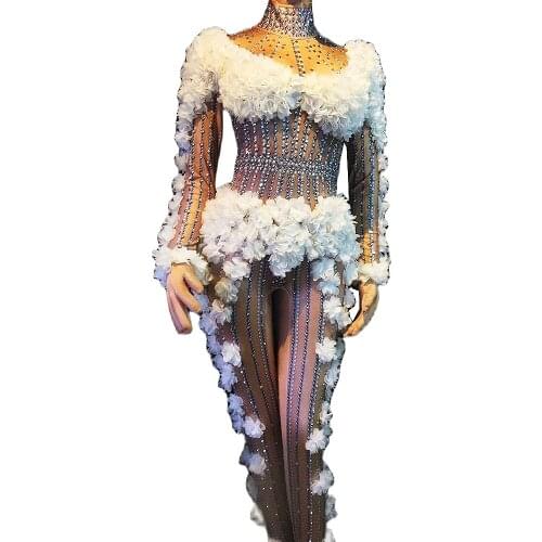 Shining Diamonds Long Sleeve Skinny Stretch Women Jumpsuits Nightclub DJ Singer Dancer Costumes Birthday Celebrate Stage Wear