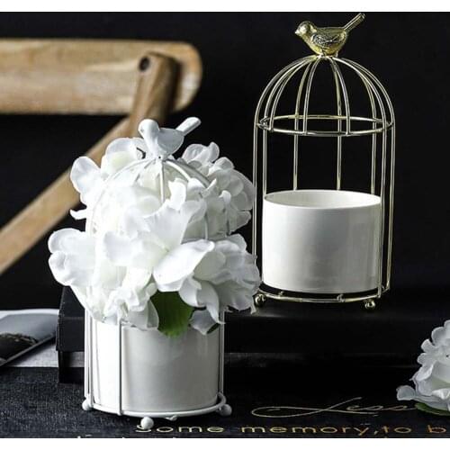 Hydroponic Ceramic Flower Pot Bird Cage Home Hollow Wrought Iron Stand Artificial Flower Pot Table Decoration