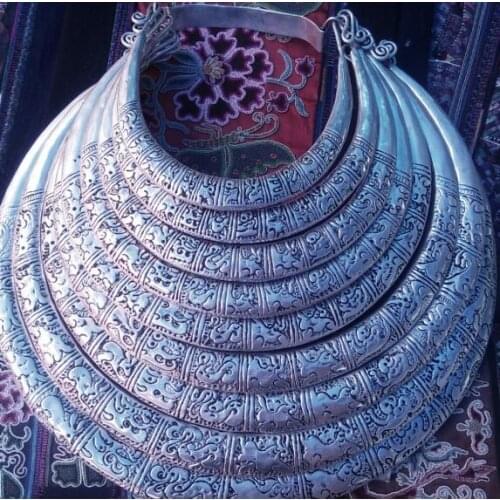 Retro Miao silver inlay piece rings old Miaoxiu, handmade folk style round silver ring