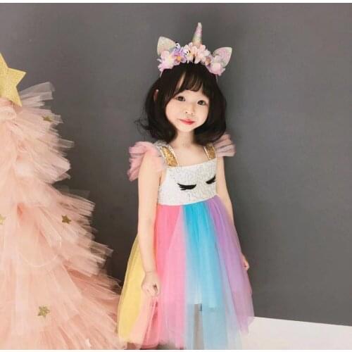 Summer girls tutu dress Baby princess dress kids dress Children vestidos unicorn sequin rainbow mesh flying sleeve 1 to 6 yrs