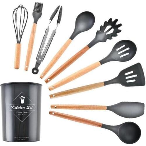 9 Pcs Kitchen Utensil Set Silicone Cooking Tools Set Household Non-stick Spatula Shovel Wooden Handle Storage Box Kitchen Tools