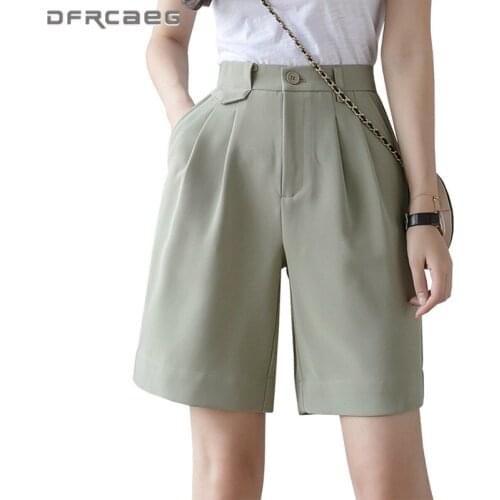 Light Green Wide Leg Womens Shorts Summer 2021 High Waist Casual Knee Length Bermuda Feminino Black Loose Short Pants