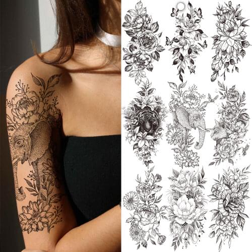 Elephant Flower Temporary Tattoos For Women Girls Adult Sexy Rose Black Peony Tattoo Sticker Fake Water Transfer Tattoos Forearm