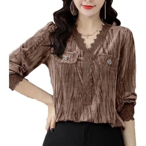 Gold Velvet Bottoming Shirt Women Long-Sleeved2021 Spring And Autumn New v-Neck Lace Stitching Plus Size T-Shirt Top Female L208