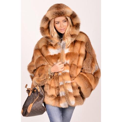 Women Fashion Real Red Fox Fur Jacket with Hood 2021 New 70cm Long Natural Whole Skin Genuine Fox Fur Coat Woman Outwear Trendy