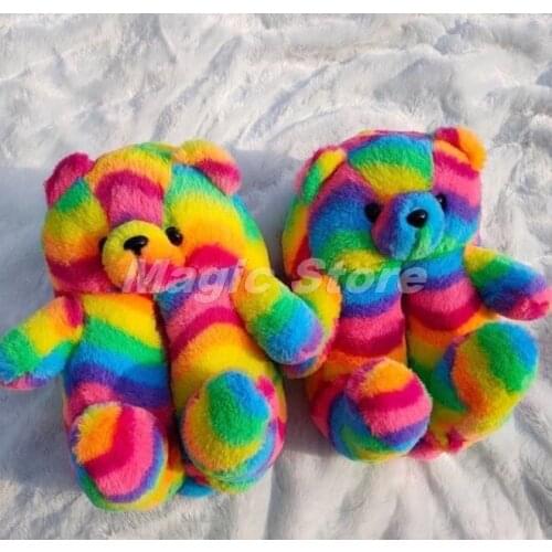 Women Home Indoor Soft anti-slip Faux Fur Cute Slippers Winter Warm Shoes Cartoon Plush Teddy Bear Slippers